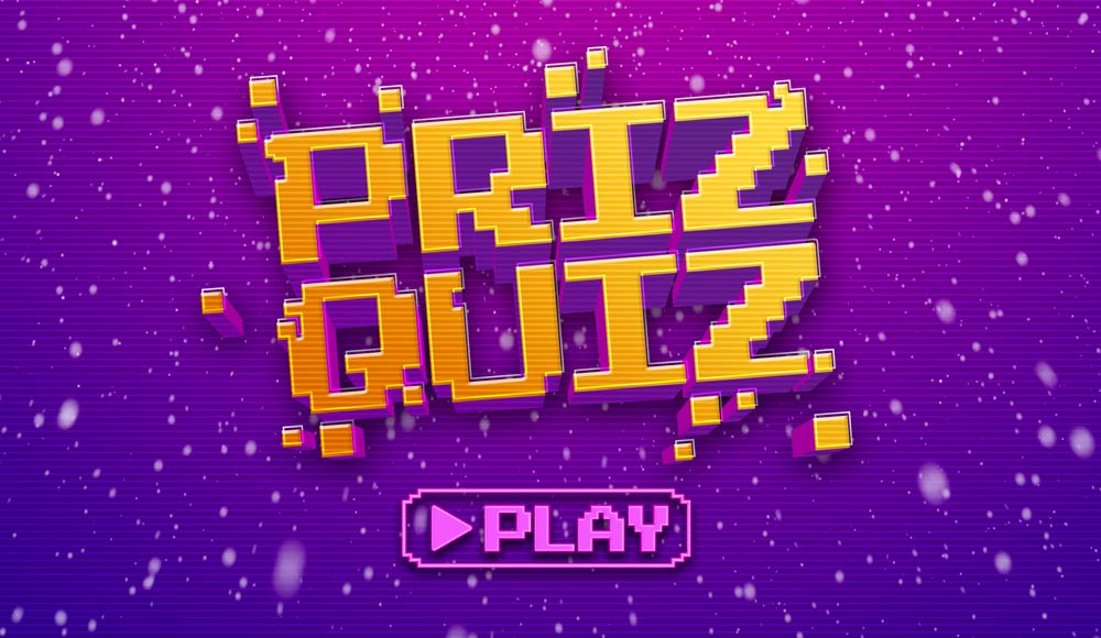 Logo Priz Quiz avec typographie pixel art sur fond violet