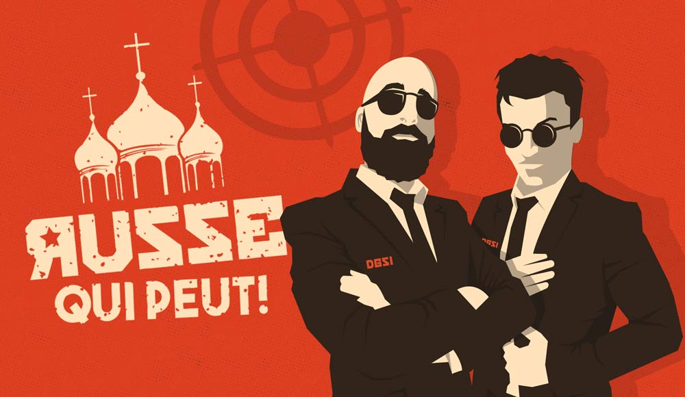 Illustration agents secrets devant une église orthodoxe pour escape game espionnage