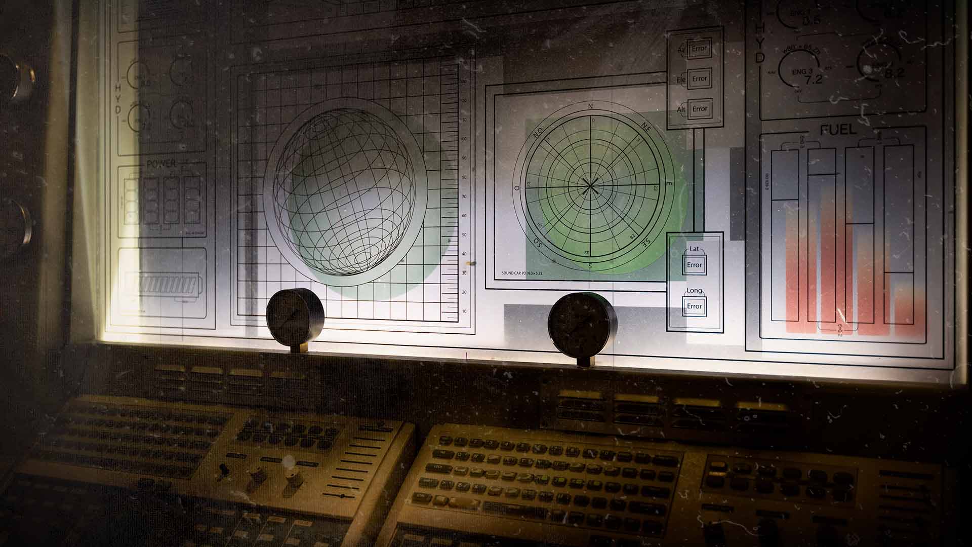 Console de pilotage futuriste avec écrans de contrôle pour escape game spatial