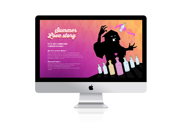 Illustration écran ordinateur affichant le jeu Summer Love Story avec bouteilles